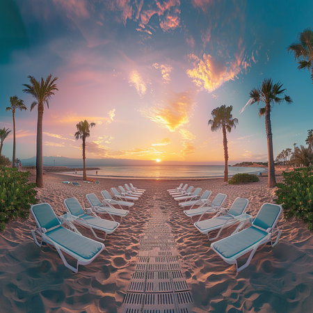 Sunset on the beach with chaise lounges and palm treesの素材
