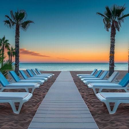 Sunset on the beach with deckchairs and palm trees. 3d renderingの素材