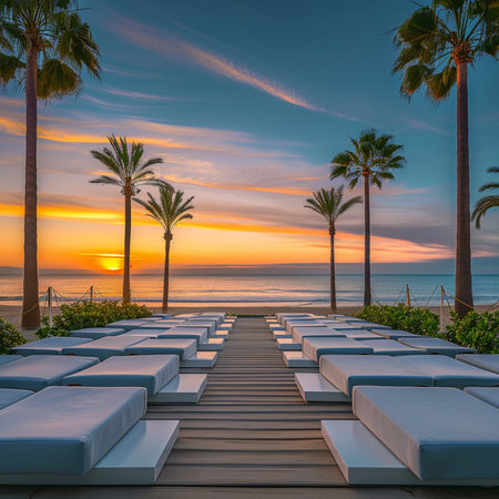 Sunset on the beach with sunbeds and palm trees.の素材