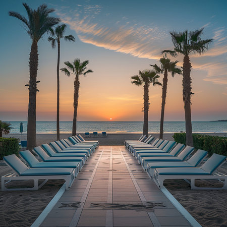 Sunset at the beach with sun loungers and palm treesの素材