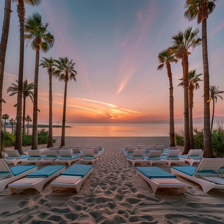 Sunset on the beach with sun loungers and palm treesの素材