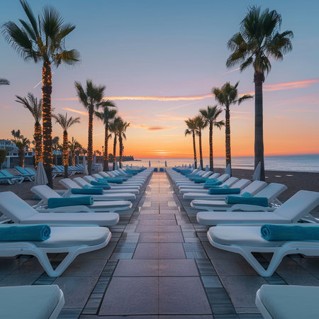 Sunset at the beach with palm trees and loungers.の素材