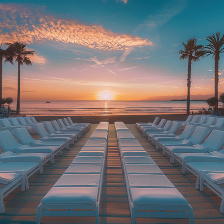Sunset on the beach with chaise lounges and palm treesの素材