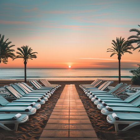 Sunset on the beach with sun loungers and palm treesの素材