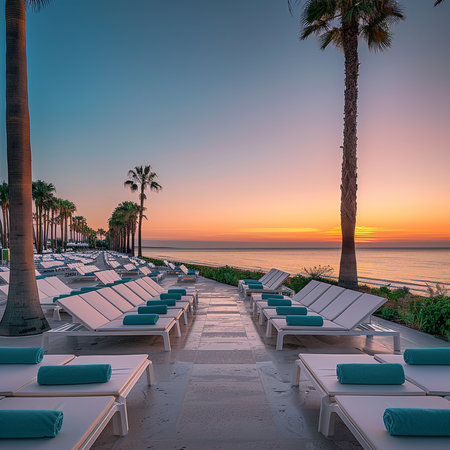 Sunset on the beach with palm trees and sunbeds.の素材
