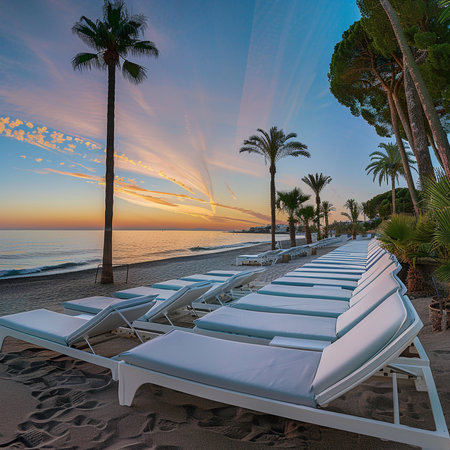 Sunset on the beach with sun loungers and palm treesの素材