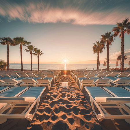 Sunset on the beach with sun loungers and palm treesの素材