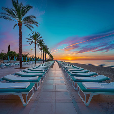 Sunset on the beach with sunbeds and palm trees.の素材