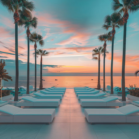 3D render of a swimming pool with palm trees at sunset.の素材