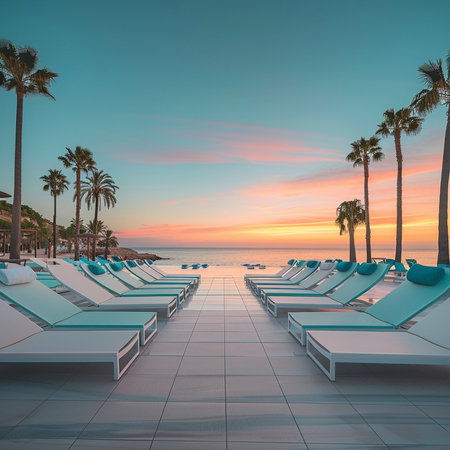 Sunset on the beach with sunbeds and palm trees.の素材