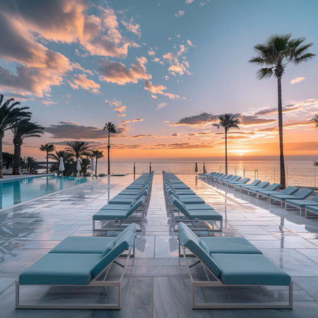 Sunset at the luxury hotel swimming pool with deckchairs and palm treesの素材