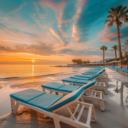 Sunset on the beach with chaise lounges and palm treesの素材