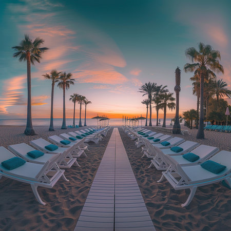 Sunset on the beach with palm trees and sunbeds.の素材