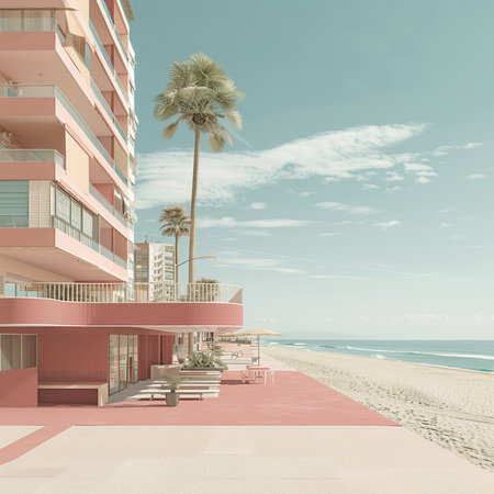 3d rendering of a modern building on the beach with palm treesの素材