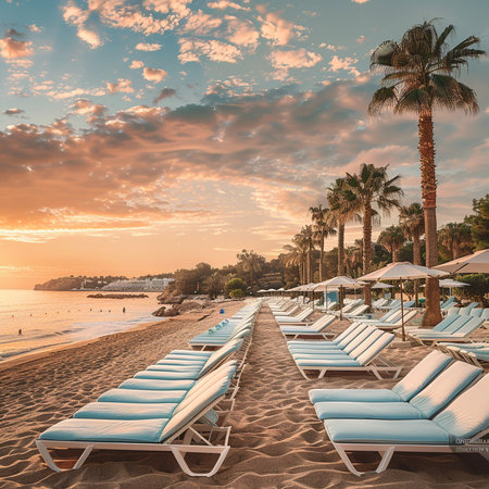 Sunset on the beach with chaise lounges and palm treesの素材