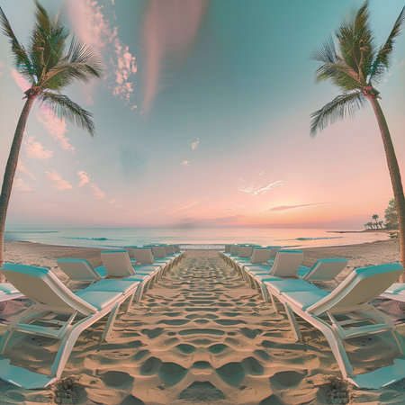 Sunset in the tropics. 3d rendering. Computer digital drawing.の素材