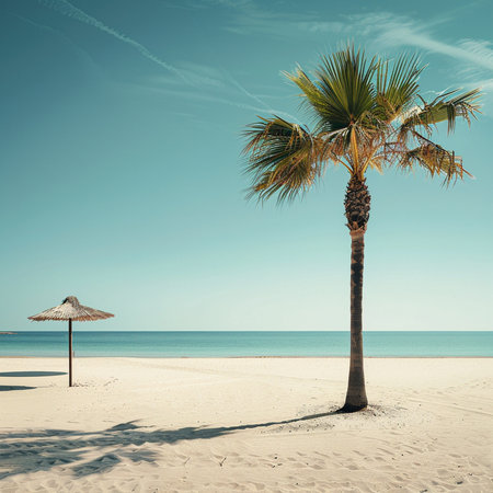 Palm trees and umbrella on the beach, Tuscany, Italyの素材