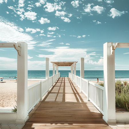 Wooden pathway leading to the beach and blue sky with white cloudsの素材