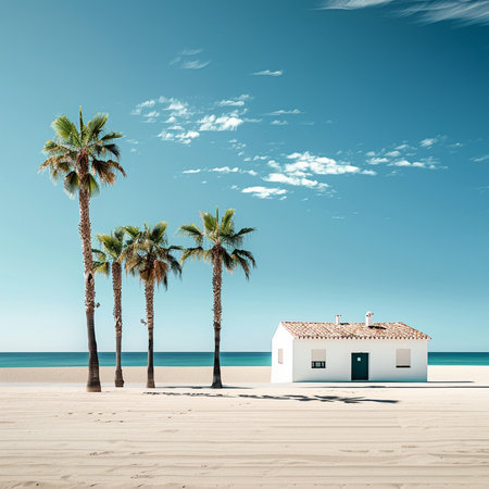 house on the beach with palm trees and blue sky. 3d renderingの素材