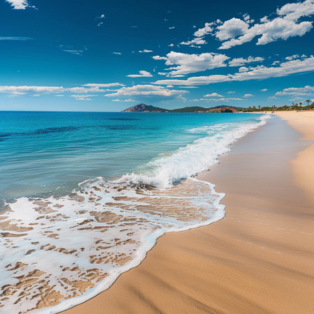 Beautiful beach with turquoise water and blue sky, Sardinia, Italyの素材