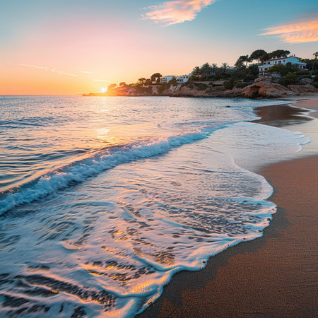 Beautiful sunset on the beach in Costa Brava, Catalonia, Spainの素材