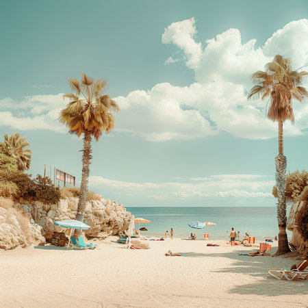 Tropical beach with palm trees, sunbeds and umbrellasの素材