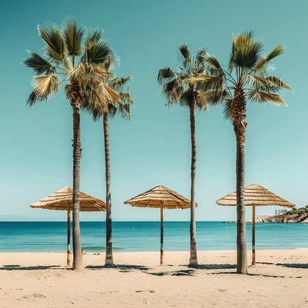 Palm trees on the beach in Ibiza, Balearic Islands, Spainの素材