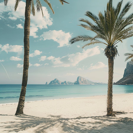 Beautiful sandy beach with palm trees and mountains in background - retro, vintage style lookの素材