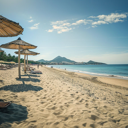 Beach umbrellas and sun loungers on a tropical beachの素材