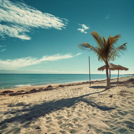 Beautiful seascape with palm tree and umbrella. Toned.の素材