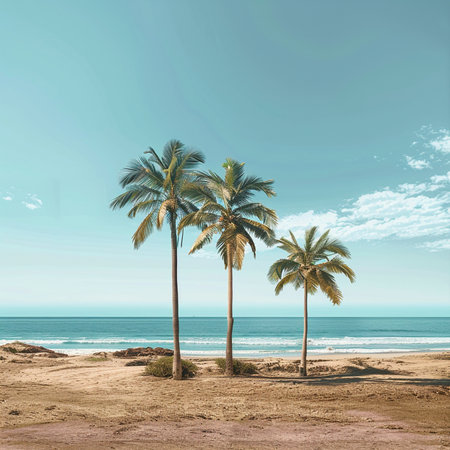 Coconut palm trees on sandy beach with turquoise sea and skyの素材