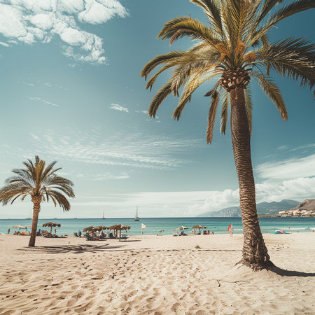 Tropical beach with palm trees in Andalusia, Spainの素材