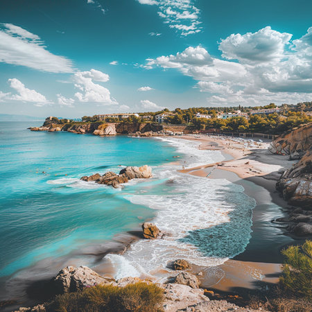 Beautiful seascape with turquoise water, sandy beach and blue sky with clouds. Toned.の素材