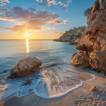 Sunset on the beach in Costa Brava, Catalonia, Spainの素材