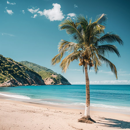Coconut palm tree on the sandy beach in Montenegro.の素材