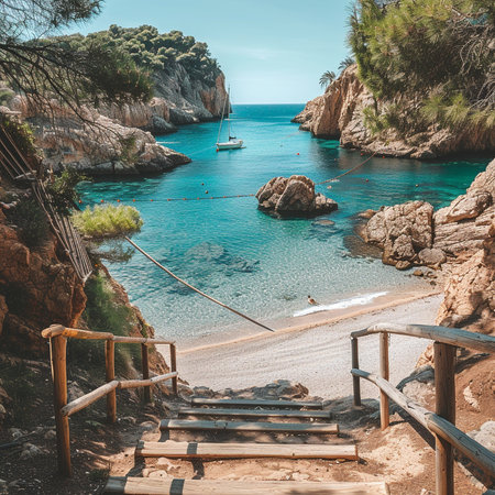 Wooden stairs leading to the beach in Calanques, Franceの素材