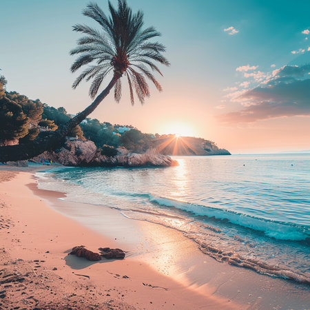 Beautiful sunset on the beach with palm trees. Toned.の素材