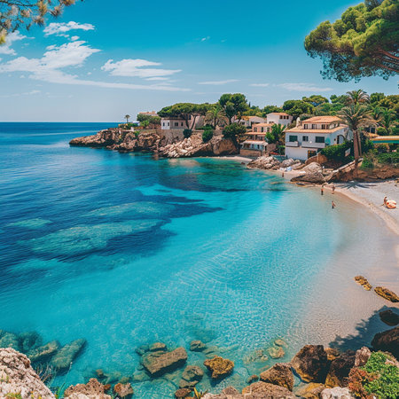 Beautiful panoramic view of Cala Figuera beach, Costa Brava, Catalonia, Spainの素材