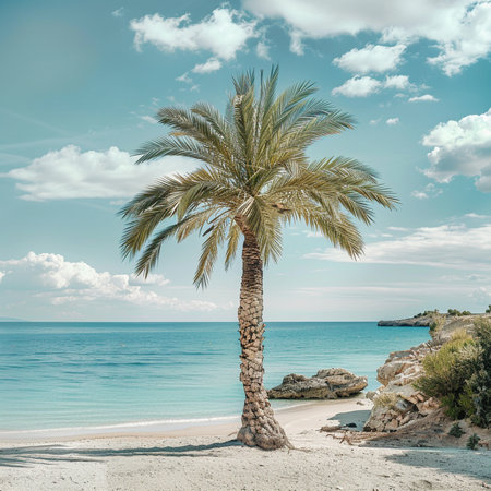 Coconut palm tree on a sandy beach in Sardinia, Italyの素材