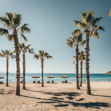 Palm trees on the sandy beach of the Mediterranean Sea. Toned.の素材