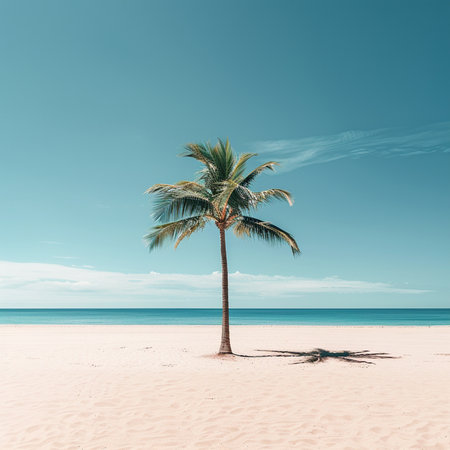 Coconut palm tree on a tropical beach with blue sky backgroundの素材