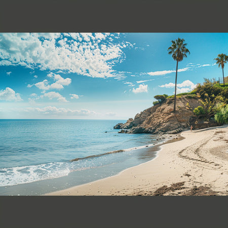 Panoramic view of beautiful beach with palm trees and turquoise sea. Toned.の素材