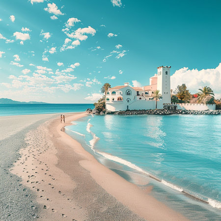 Tropical beach with white sand, turquoise water and lighthouseの素材