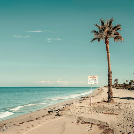 A vertical shot of a palm tree on a beach with a signpostの素材