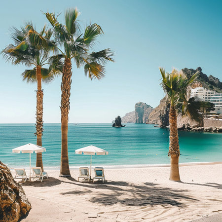 Beautiful beach with palm trees and white sand in Calpe, Spainの素材