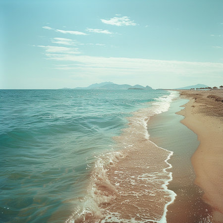Beautiful seascape. Sea and sand. Retro style toned pictureの素材