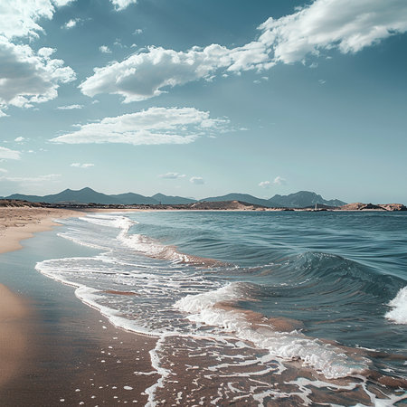 Beautiful seascape with sea waves on the sandy beach.の素材