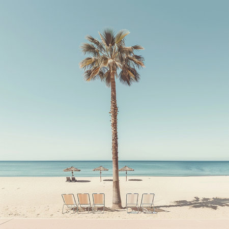 Palm trees on the beach with sunbeds and umbrellasの素材