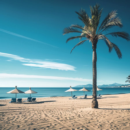 Tropical beach with palm trees and umbrellas in Spainの素材