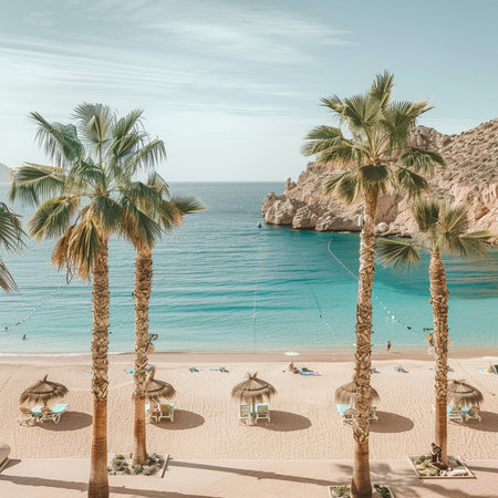 Beautiful beach with palm trees and umbrellas in Calpe, Alicante, Spainの素材